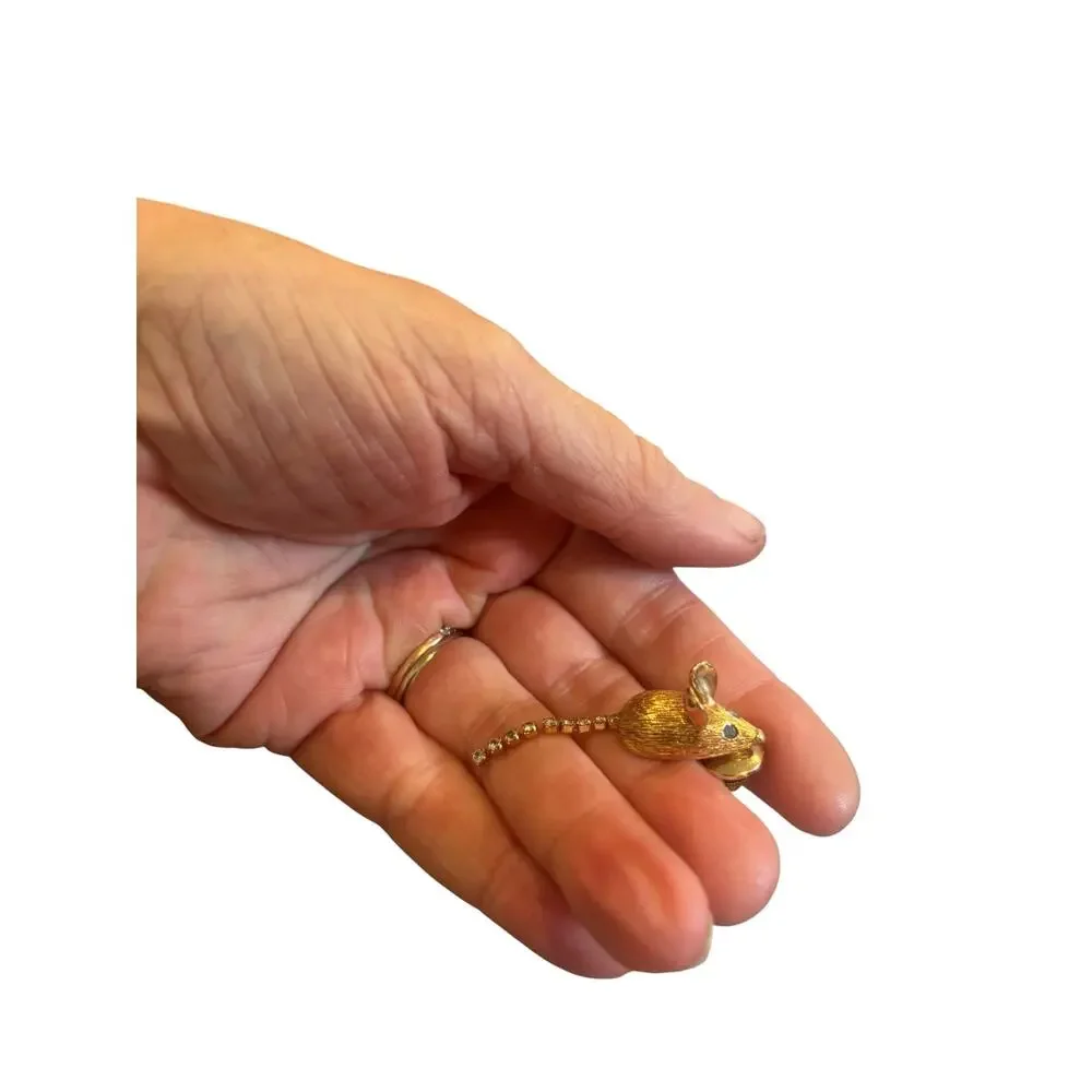 Vintage Gold Tone Mouse Rhinestone Tail Scatter Pin Figural Brooch Whimsical 60s